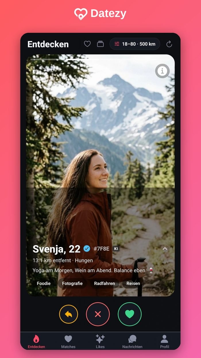 Datezy App – Entdecken-Screen mit Singles in der Nähe