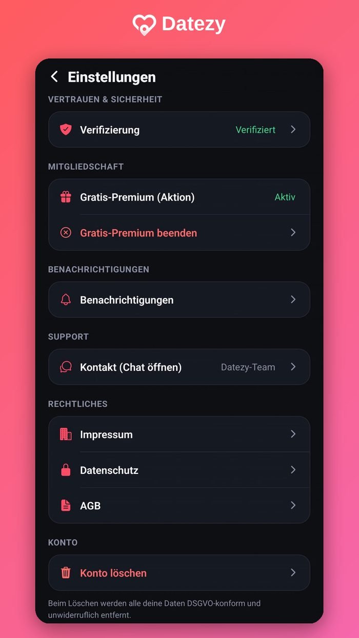 Einstellungen mit Verifizierung und DSGVO-Optionen